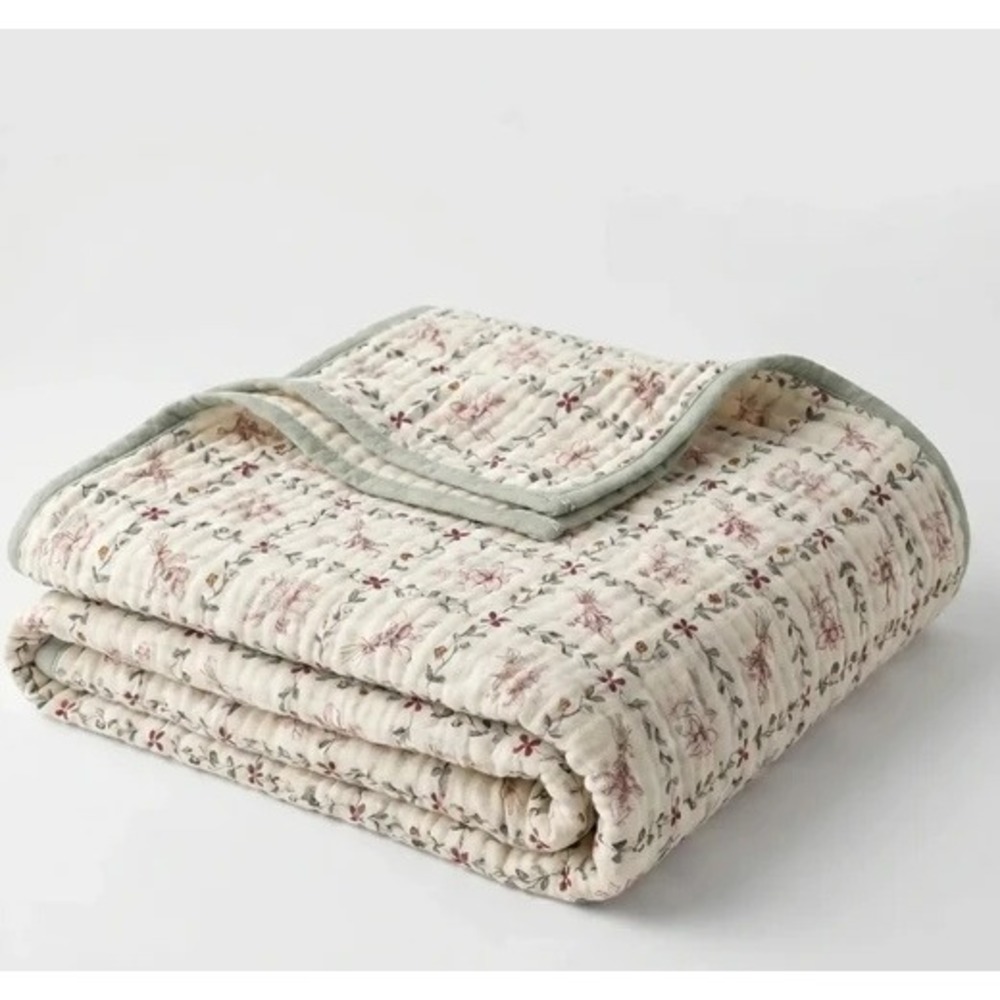 The Fleece Company Muslin Cotton Blanket King Floral Cream Sage Green 200x230